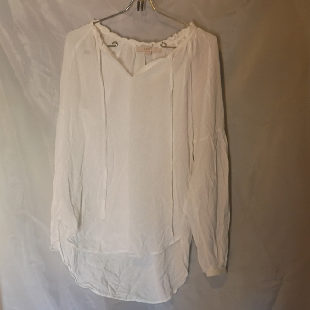 LOFT White Gauzy V-Neck Peasant Top with Ties